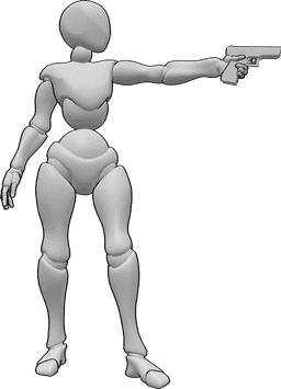 Référence des poses- Femme visant la pose gauche - La femme est debout, regarde et pointe son arme vers la gauche d'une main.