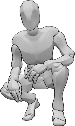 Référence des poses- Pose masculine accroupie - L'homme est accroupi, les mains posées sur les genoux et le regard tourné vers l'avant.