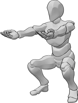Referência de poses- Postura de agachamento profundo do ioga masculino - O homem está a praticar ioga, fazendo um agachamento profundo, com os braços estendidos e as palmas das mãos viradas para cima