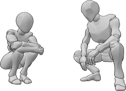 Riferimento alle pose- Posa accovacciata femminile maschile - Una donna e un uomo sono accovacciati e guardano qualcosa a terra.