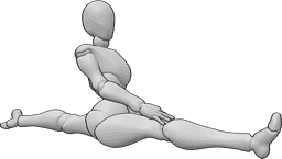 Referência de poses- Pose de abertura frontal feminina - A mulher está a fazer um front split, olhando para a frente, relaxando a mão no joelho