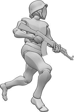Riferimento alle pose- Posa militare con arma da fuoco - Uomo con casco corre con un AK47, lo tiene con due mani e si gira a sinistra