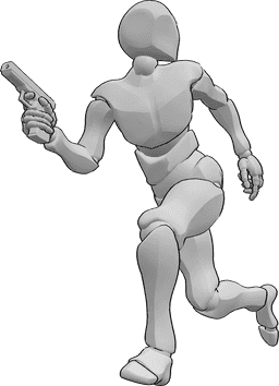 Posen-Referenz- Laufende Rückschau-Pose - Mann läuft mit einer Waffe in der rechten Hand und schaut zurück