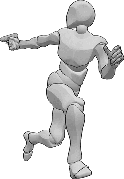 Referencia de poses- Postura de running shooting back - Hombre corriendo con una pistola en la mano derecha, mirando hacia atrás y disparando