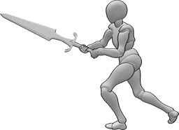 Posen-Referenz- Schwertschwingen-Kombo-Pose - Frau schwingt ein Schwert in einer Combo-Pose