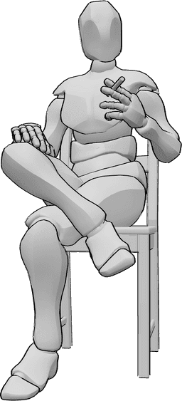 Referência de poses- Homem sentado em pose de fumador - Homem sentado numa cadeira e a fumar um cigarro, segurando-o com a mão esquerda