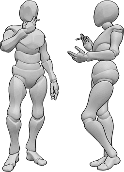 Referencia de poses- Postura de fumador en una conversación - Mujer y hombre están de pie y tienen una coversación mientras fuman