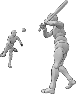 Posen-Referenz- Baseball-Übungspose - Zwei männliche Baseballspieler üben das Werfen und Schlagen des Balls