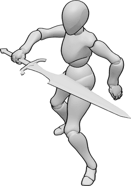 Posen-Referenz- Schwert Frontalhieb-Pose - Weibliche Front, die mit ihrem Schwert zuschlägt