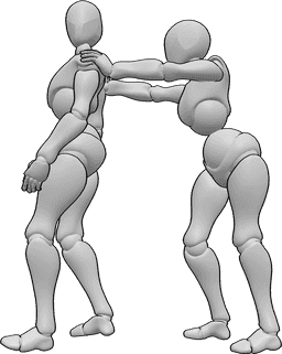 Référence des poses- Femme poussant gentiment la pose - Une femme pousse gentiment vers l'avant une autre femme qui se tient debout.