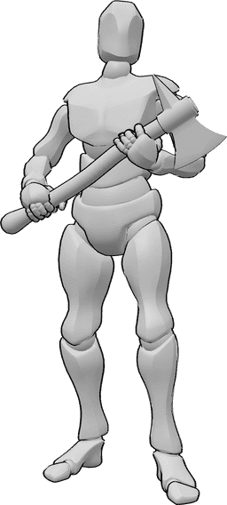Referência de poses- Homem com pose de machado - Homem segura um machado com as duas mãos e olha para a frente com confiança