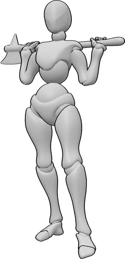 Référence des poses- Femme tenant une hache pose - La femme est debout et tient une hache à deux mains dans son dos.