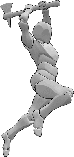 Referencia de poses- Postura de hacha de huelga de salto - El macho salta alto para golpear con impulso con el hacha en las manos
