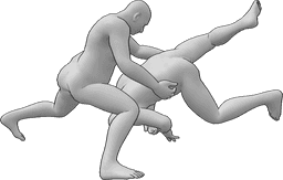 Referência de poses- Pose de descarte de luta de sumô - Dois lutadores de sumo do sexo masculino, um deles descarta com sucesso o outro enquanto luta