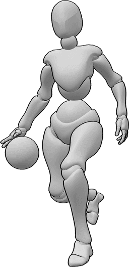 Referência de poses- Pose feminina de andebol a driblar - Jogadora de andebol a driblar, a correr com a bola de mão e a olhar para a frente
