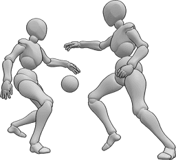 Posen-Referenz- Weibliche Spieler dribbelnde Pose - Zwei Frauen spielen Handball, eine von ihnen dribbelt, die andere versucht, den Ball zu fangen.