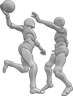 Riferimento alle pose- Giocatori maschi che si passano la posa - Due uomini giocano a pallamano, uno di loro salta e si passa la palla.