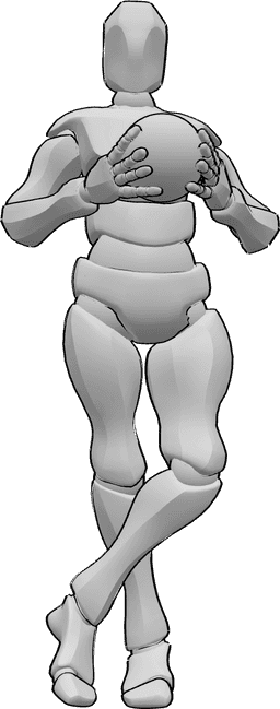 Referência de poses- Pose de um jogador de andebol masculino - Jogador de andebol masculino de pé com as pernas cruzadas e a segurar uma bola de andebol, em pose