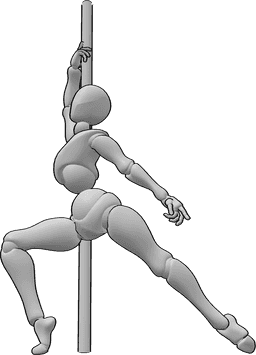 Referencia de poses- Postura de bailarina de barra - Bailarina de barra de pie y posando, sujetando la barra con la mano derecha.
