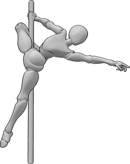 Riferimento alle pose- Posa di pole dance femminile - Una ballerina di pole dance tiene il palo con la mano destra e la gamba destra.
