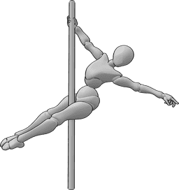 Referencia de poses- Postura de giro en Pole Dance - Bailarina de barra sujetando la barra con la mano derecha y girando sobre sí misma.