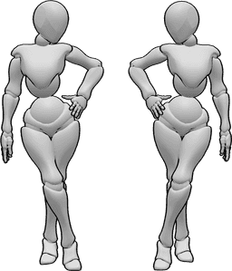 Référence des poses- Femmes debout avec les jambes croisées - Femmes debout, jambes croisées, se regardant l'une l'autre (se regardant dans le miroir)