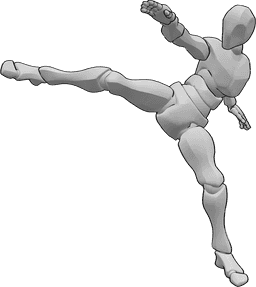Posen-Referenz- Spinning Back Kick Pose - Männlicher dynamischer Spinning Back Kick mit dem rechten Fuß