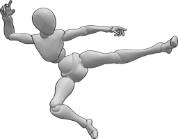 Posen-Referenz- Weibliche Air Kicking Pose - Weiblicher dynamischer Seitwärtstritt in der Luft, Treten mit dem linken Fuß