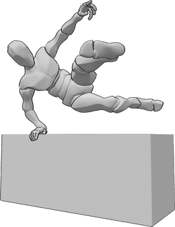 Referência de poses- Pose de obstáculos com salto Parkour - O homem está a saltar sobre um obstáculo, apoiando-se na borda do objeto com a mão direita, balançando as pernas para o alto enquanto salta