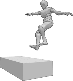 Referencia de poses- Parkour aterrizaje pared pose - Hombre saltando desde lo alto, preparándose para aterrizar en una pared, extiende los brazos