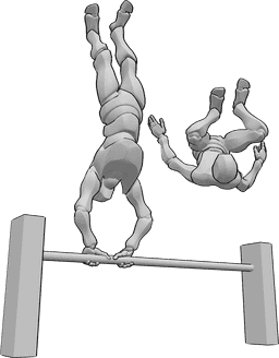 Riferimento alle pose- Posa di Parkour - Due uomini si stanno allenando, uno di loro è in piedi su una barriera, l'altro fa un salto mortale frontale.