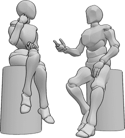 Posen-Referenz- Sitzend reden flirtende Pose - Frau und Mann sitzen auf Stühlen und unterhalten sich, flirten