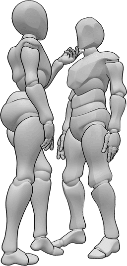Riferimento alle pose- Posa femminile per flirtare - La femmina e il maschio sono in piedi, la femmina flirta con il maschio, accarezzandogli il viso.
