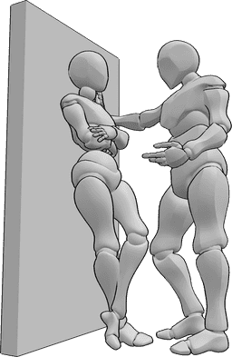 Referencia de poses- Postura de flirteo en la pared inclinada - Mujer y hombre están apoyados contra la pared, el hombre está coqueteando con la mujer