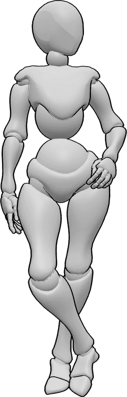 Posen-Referenz- Weibliche Hand-Taschen-Pose - Die Frau steht mit gekreuzten Beinen, die linke Hand in der Tasche und schaut nach links.