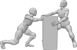 Posen-Referenz- Bewegte Pose des Objekts - Zwei Männer bewegen einen schweren Gegenstand, der eine zieht, der andere schiebt.