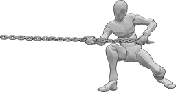 Referencia de poses- Masculino en cuclillas tirando de la pose - El varón está en cuclillas y tira de la cadena con las dos manos, mirando a la derecha