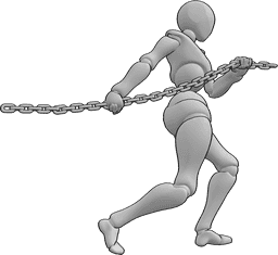 Referencia de poses- Mujer caminando tirando de la pose - Mujer caminando y tirando de una cadena con las dos manos
