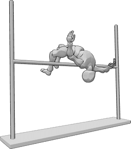 Referencia de poses- Postura de pértiga de salto de altura - Hombre atlético está practicando salto de altura, saltando por encima del poste