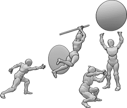 Référence des poses- combat à quatre chiffres - scène d'attaque 3 personnages sur un homme avec une sphère