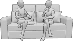 Riferimento alle pose- Femmine sedute in posa di conversazione informale - Due donne sono sedute su un divano e parlano, intrattenendo una conversazione informale.