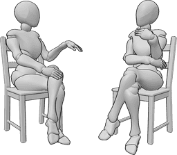 Référence des poses- Deux femmes en train de bavarder posent - Deux femmes sont assises sur des chaises et discutent, bavardent, ont une conversation.