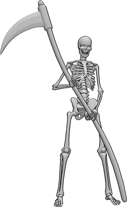 Referência de poses- Pose de esqueleto com foice - O esqueleto está de pé, com a sua foice na mão, à espera de alguma coisa