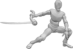 Référence des poses- Combattant masculin posant avec une faux - L'homme est accroupi et tient une faux dans sa main droite, prêt à se battre.