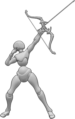 Référence des poses- Femme tirant vers le haut - La femme est debout et tire sa flèche vers le haut avec l'arc dans sa main gauche.