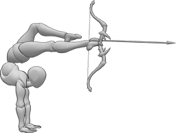 Posen-Referenz- Akrobatische Schießhaltung - Akrobatische Pose beim Bogenschießen, die Frau steht in der Hand und schießt mit den Füßen