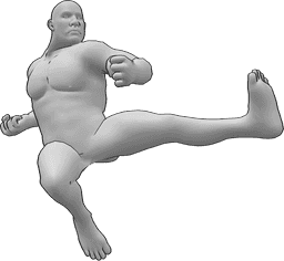Referencia de poses- Postura de macho bruto pateando - Macho bruto está dando patadas con el pie izquierdo de tanto correr, con las manos cerradas en puños