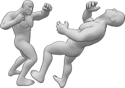 Posen-Referenz- Brute Männchen in Kampfpose - Brutale Männer kämpfen, einer von ihnen schlägt den anderen, der zu Boden fällt