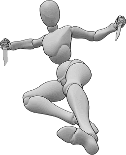 Referencia de poses- Postura de ataque con daga saltarina - Mujer está atacando con dos dagas, saltando de correr, sosteniendo las dagas al revés