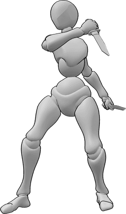 Posen-Referenz- Weibliche Dolche in Angriffspose - Die Frau steht, hält zwei Dolche in der Hand und dreht sich nach rechts, um anzugreifen.